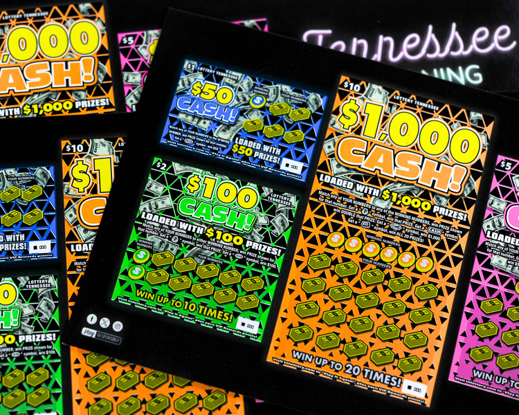 Tennessee Lottery display topper close-up with cash scratch-off games
