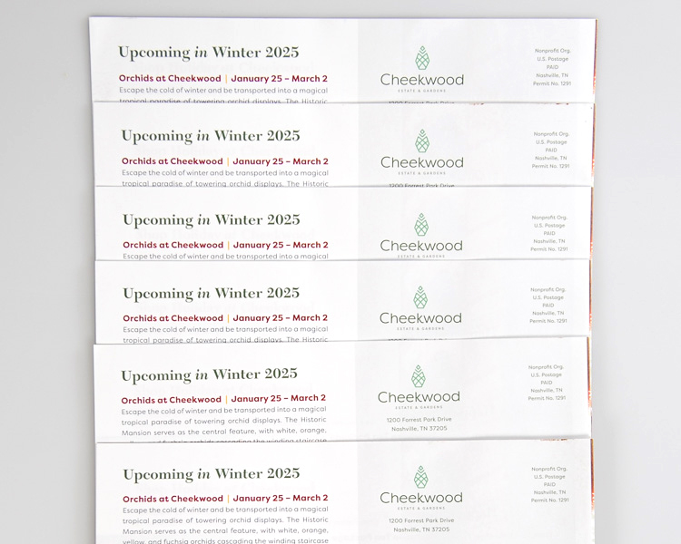 Stacked Cheekwood holiday mailers showing mailing panel with upcoming winter events and nonprofit postage