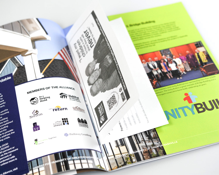 Habitat for Humanity annual report interior pages featuring nonprofit partnerships and donor recognition content