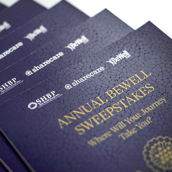 Sharecare BeWell annual sweepstakes direct mail engagement mailers with textured print finish